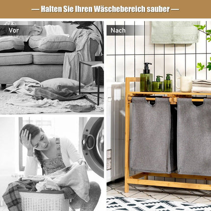 Bamboo laundry basket with two compartments 2-part laundry basket 64 x 33 x 73 cm Natural