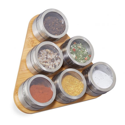 Bamboo rack with magnetic spice jars