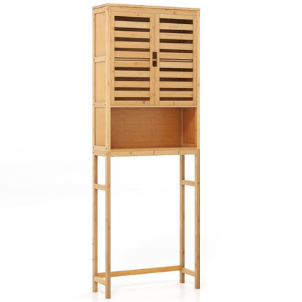 Armoire de toilette en bambou avec 2 portes à lattes, étagère ouverte et barre transversale réglable