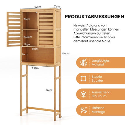 Armoire de toilette en bambou avec 2 portes à lattes, étagère ouverte et barre transversale réglable