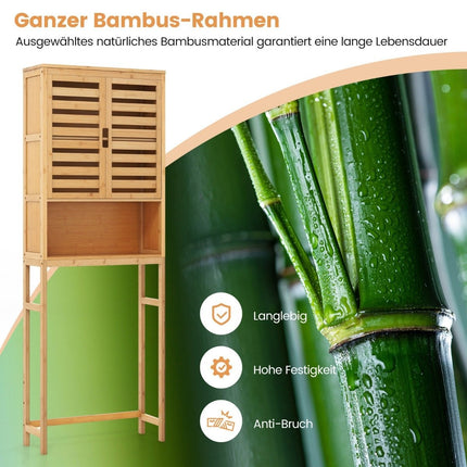 Armoire de toilette en bambou avec 2 portes à lattes, étagère ouverte et barre transversale réglable