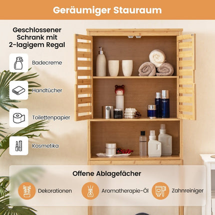 Armoire de toilette en bambou avec 2 portes à lattes, étagère ouverte et barre transversale réglable