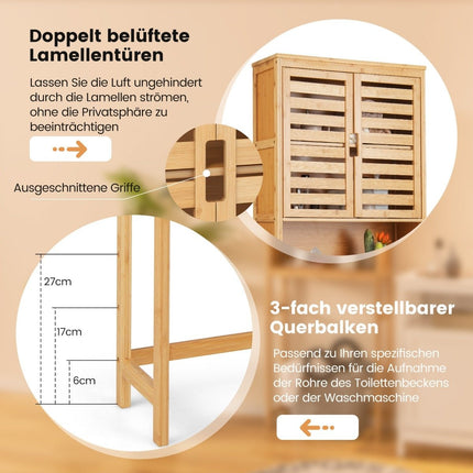 Armoire de toilette en bambou avec 2 portes à lattes, étagère ouverte et barre transversale réglable