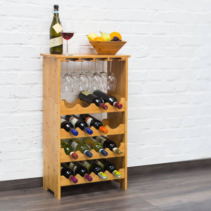 Bamboo wine rack 16 bottles + 12 glasses