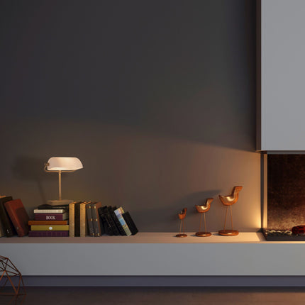 Banker lamp with white shade