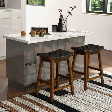 Bar Height Stools Set of 2, Woven PU Leather, 25-Inch