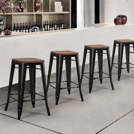 Barhocker 4er Set, Ulmenholz-Sitzfläche, Eisenbeine, 66 cm