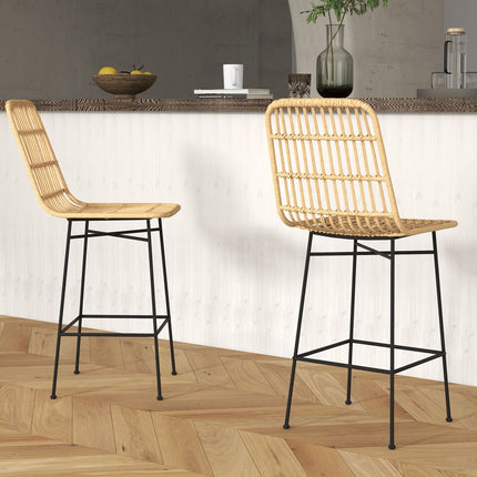 Bar stools Set of 2, Boho Design, PE rattan, yellow