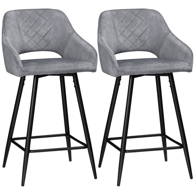 Samt-Barhocker 2er-Set, Stahlgrau, mit Fußstütze