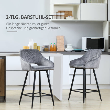 Samt-Barhocker 2er-Set, Stahlgrau, mit Fußstütze