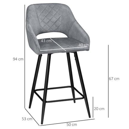 Samt-Barhocker 2er-Set, Stahlgrau, mit Fußstütze