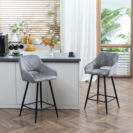 Samt-Barhocker 2er-Set, Stahlgrau, mit Fußstütze