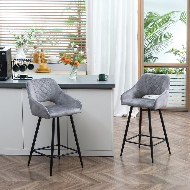 Samt-Barhocker 2er-Set, Stahlgrau, mit Fußstütze