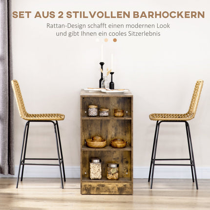 Lot de 2 tabourets de bar, chaises de bar style rat, tabourets de bar avec dossier, tabourets de cuisine style bohème, chaises de bar, cuisine, acier, jaune