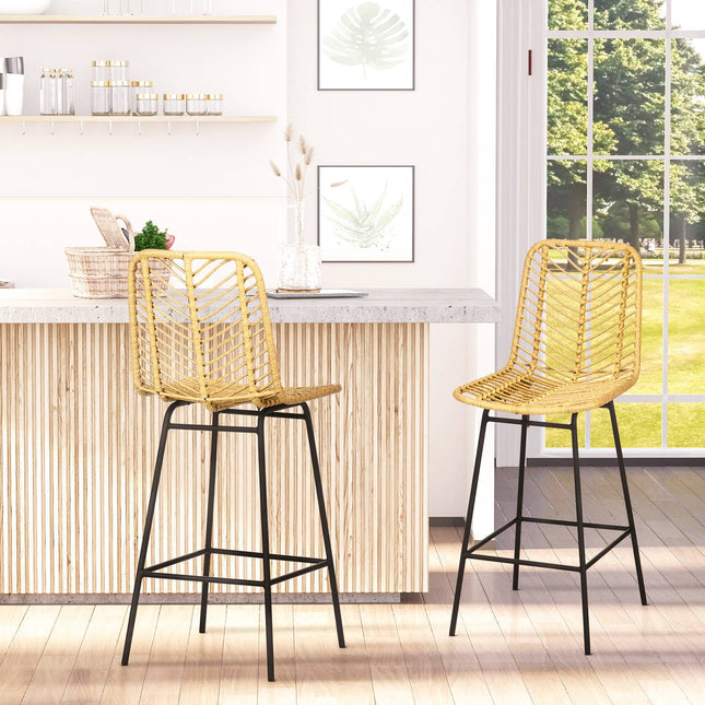 Gelbe Barhocker im 2er-Set mit Rückenlehne, Boho Design