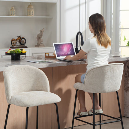 Barhocker 2er-Set, Rückenlehne & Fußstütze, Beige