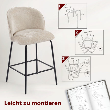 Barhocker 2er-Set, Rückenlehne & Fußstütze, Beige