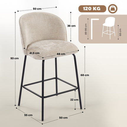 Barhocker 2er-Set, Rückenlehne & Fußstütze, Beige