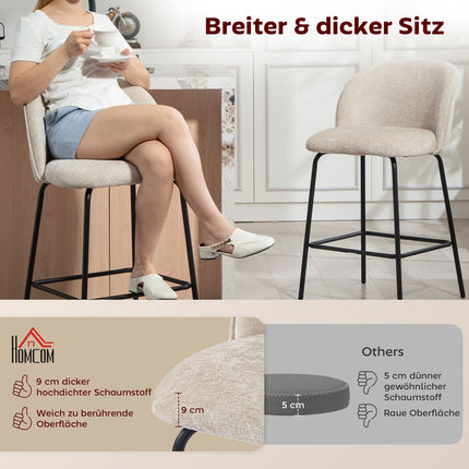 Barhocker 2er-Set, Rückenlehne & Fußstütze, Beige