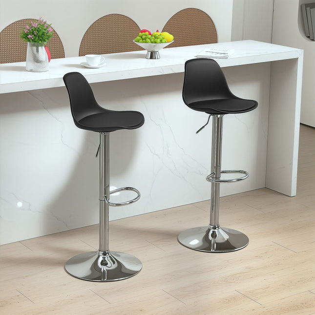 Barkrukken set van 2, gevoerde barstoelen met stalen frame, rugleuning, in hoogte verstelbare keukenstoelen met voetsteun, 360° draaibare tegenkruk voor keuken, woonkamer, eetkamer, kunstleer zwart Aosoom