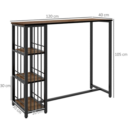 Bartisch - Holzoptik, 3 Ablagen, Stahlrahmen, 120x40x105 cm