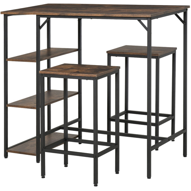 3-teiliges rustikales Bartisch-Set mit Ablagen, Stahlrahmen