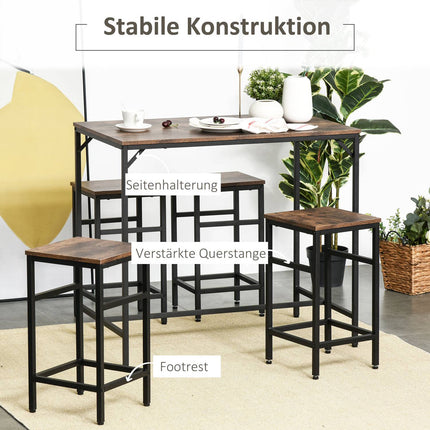 5-teiliges rustikales Bar-Tisch-Set in Braun mit 4 Hockern
