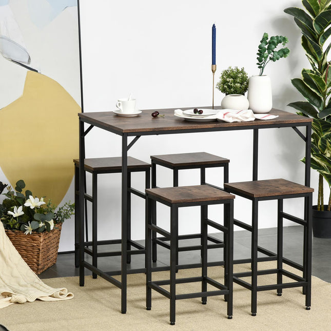 Bartafelset, Bartafel Met 4 Barkrukken, 5-Delige Tafelset Voor Keuken, Spaanplaat/Staal, Rustiek Bruin/Zwart, 100X60X88Cm