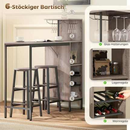 Bartisch-Set, Stauraum, Weinregale, Hocker, Grau
