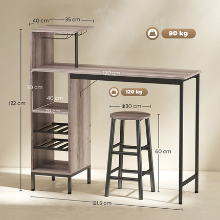 Bartisch-Set, Stauraum, Weinregale, Hocker, Grau