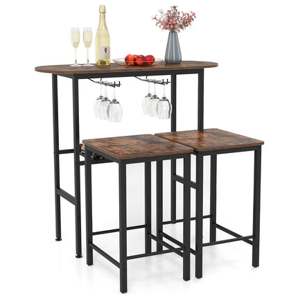 Bar Table Set for 2 with Wine Glass Holders and Rack