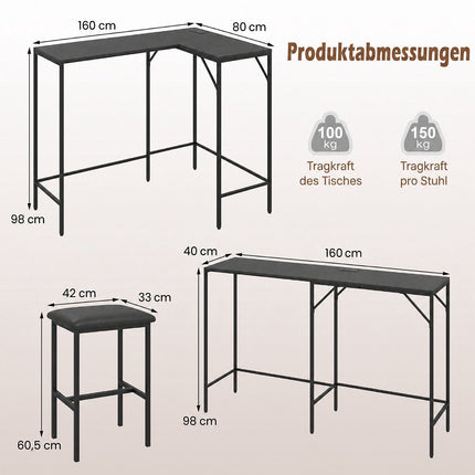Bar Table Set with 2 Stools, Integrated Power Outlet, Black