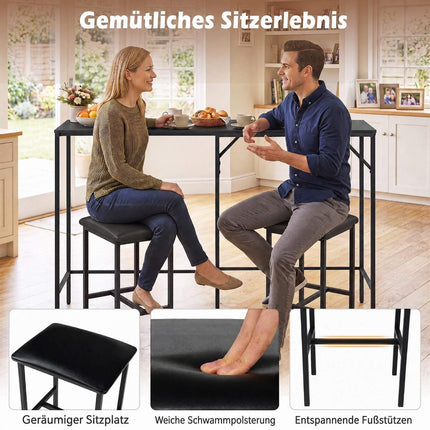 Bar Table Set with 2 Stools, Integrated Power Outlet, Black