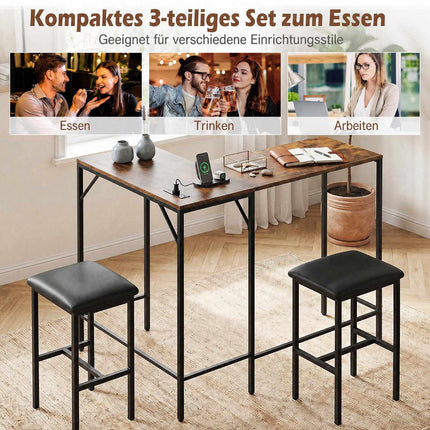 Bar Table Set with 2 Stools, Rustic Brown, Power Outlet