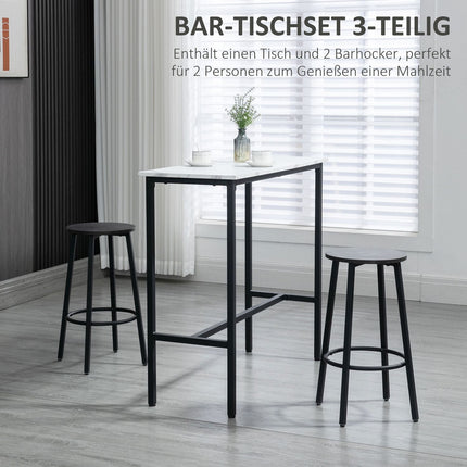 3-piece dining table set in steel with white and black stools