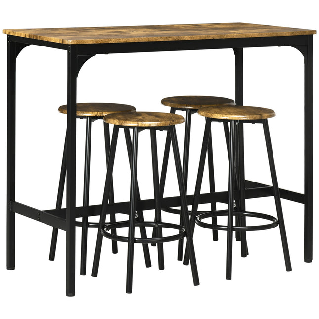 Industrial bar table set with 4 stools, rustic brown