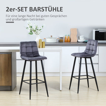 Modernes Barhocker-Set, Stahl, Samt, rutschfest, 2er-Pack, Grau