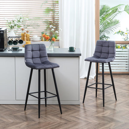 Modernes Barhocker-Set, Stahl, Samt, rutschfest, 2er-Pack, Grau