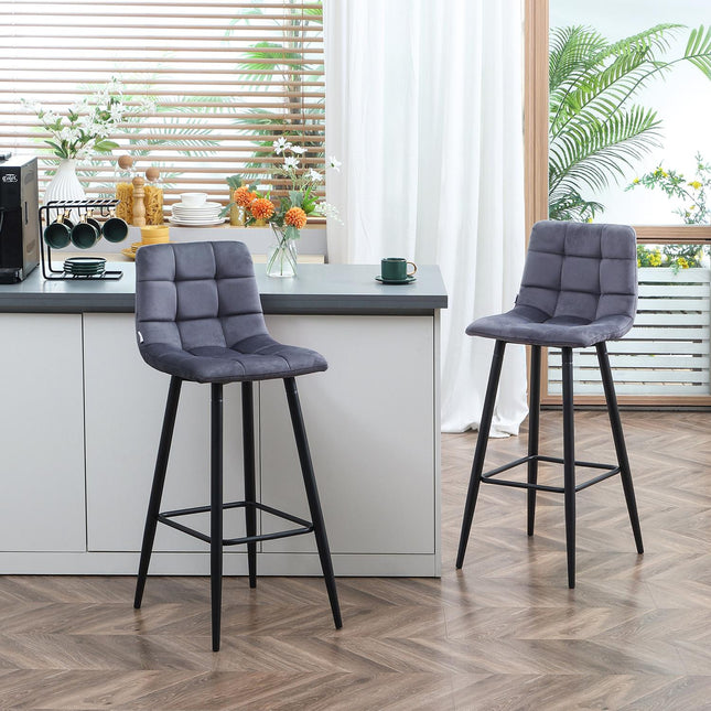 Modernes Barhocker-Set, Stahl, Samt, rutschfest, 2er-Pack, Grau