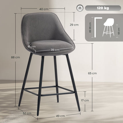 Barhocker 2er-Set, Kord-Polsterung, Stahlbeine, Grau