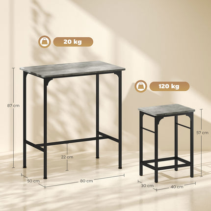 Bartisch-Set mit 2 Hockern, graue Oberfläche
