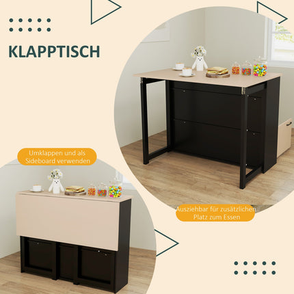 3-teiliges schwarzes Esszimmerset, klappbare Tischplatte und Aufbewahrungsschrank