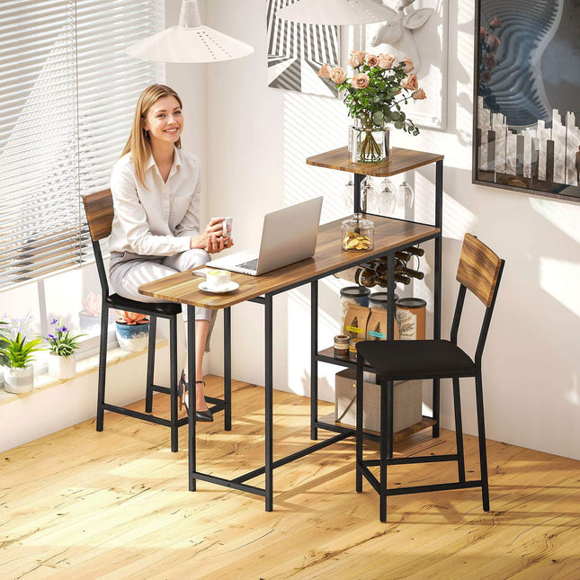Bartafel met barkrukkenset, 3-delig. Bartafelset met opklapbare keukentafel, wijnglashouder, wijnrek, 2 barstoelen, stalen frame, in modern, eetgroep voor eetkamer, keuken, bruin |