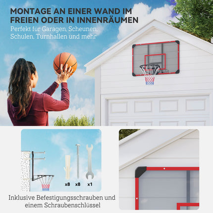 Panier de basket, panier de basket, filet de basket avec panier, fixation murale, extérieur, acier, 113 x 61 x 73 cm, rouge