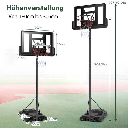 Basketballständer 180-305 cm höhenverstellbarer Basketballkorb mit Ständer &amp; 2 Rädern Korbsystem für Kinder