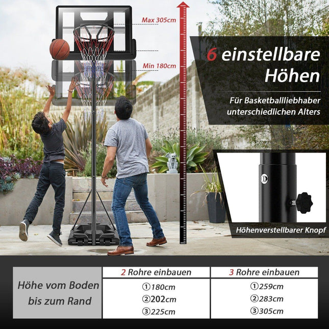 Basketbalstandaard 180-305 cm hoogte verstelbare basketbalring met standaard & 2 wielen mandsysteem voor kinderen