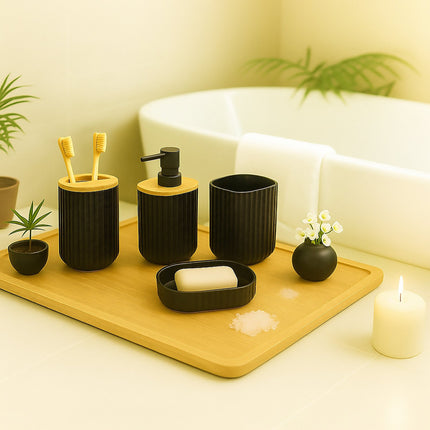 Bathroom Accessories Set, 6-Piece Plastic & Bamboo