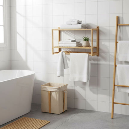 Bathroom Bamboo Shelf with Towel Rail & Hooks