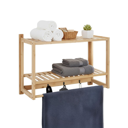Bathroom Bamboo Shelf with Towel Rail & Hooks