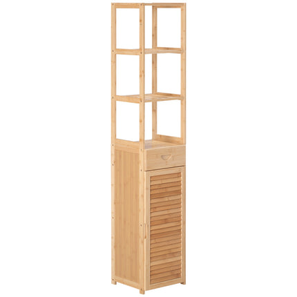 Bambus-Badezimmerschrank mit Schublade und Regalen, 32x30x163 cm